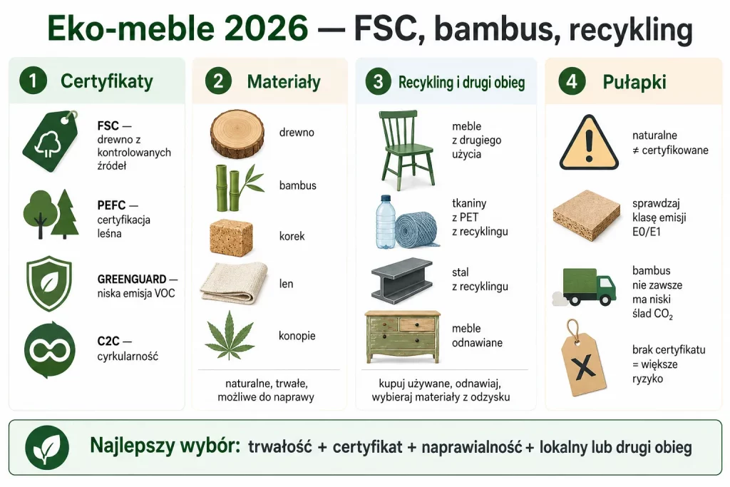 Eko-meble i materiały — FSC, bambus, recyklingowe