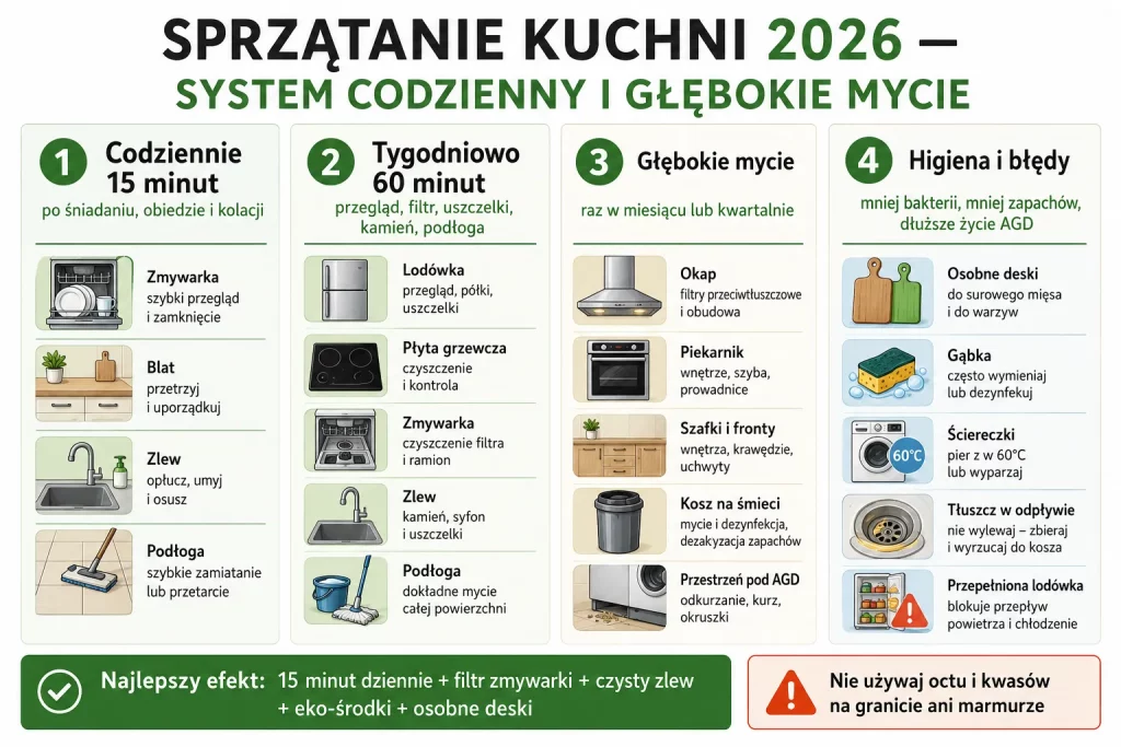 Sprzątanie kuchni 2026 — system codzienny i głębokie mycie