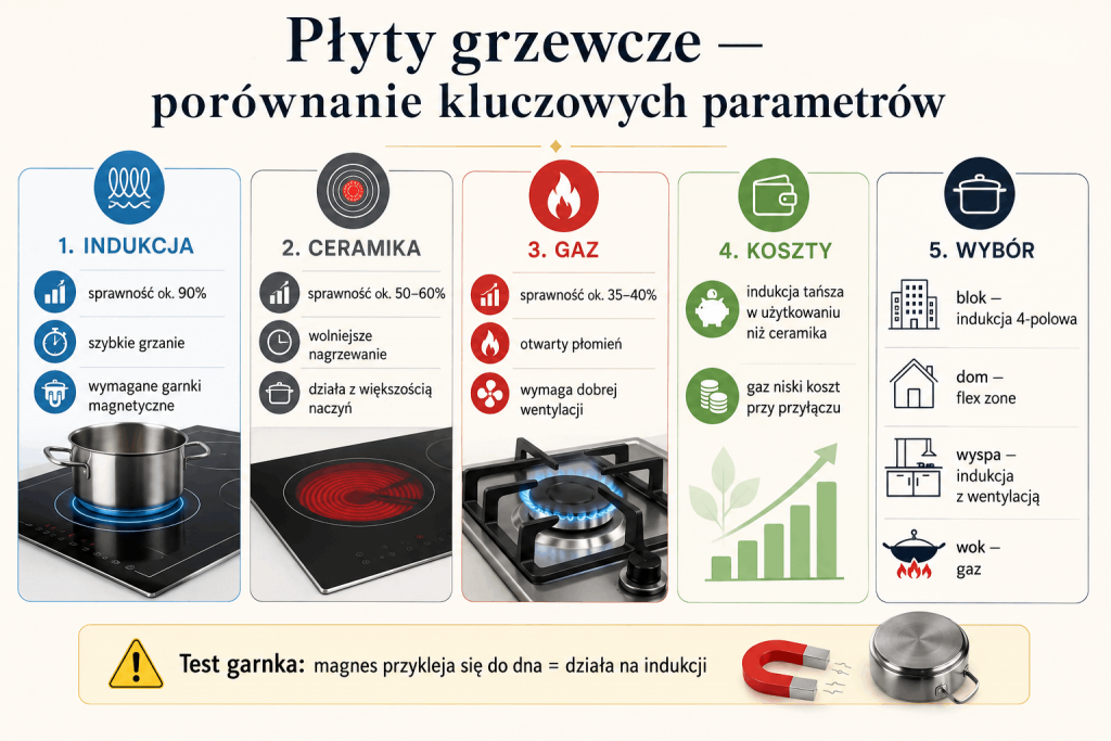 Płyty grzewcze: indukcyjne, gazowe, ceramiczne — czym się różnią i jak wybrać