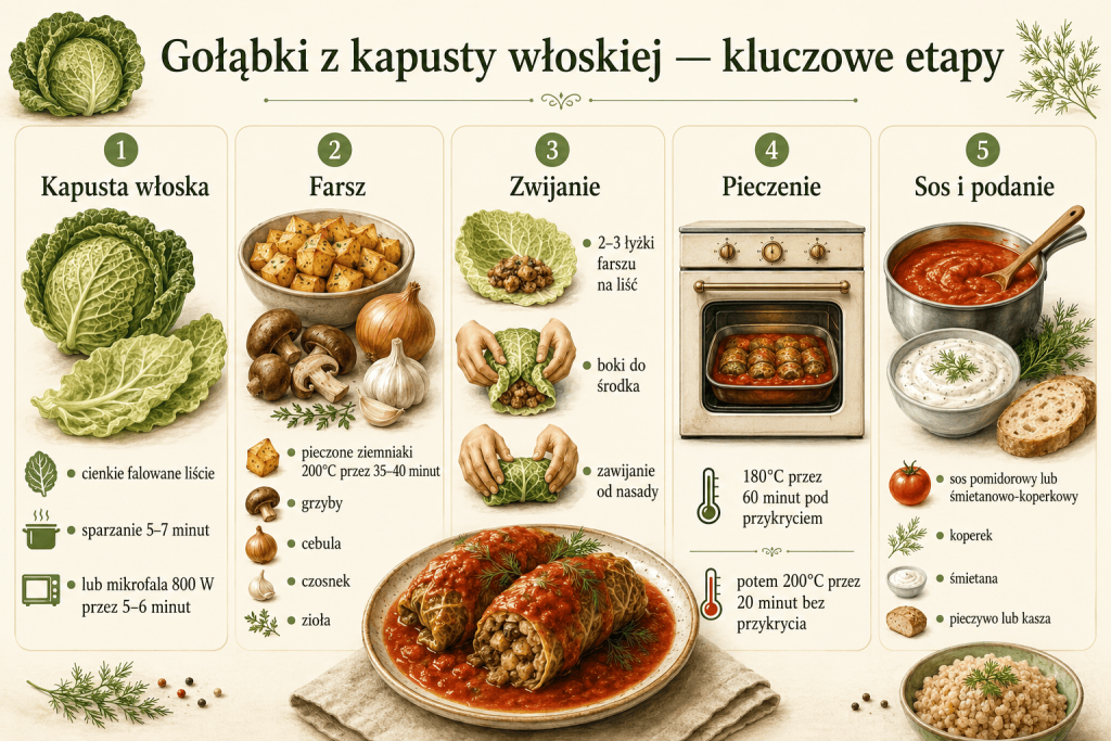 Wegetariańskie gołąbki z kapusty włoskiej z piekarnika — z pieczonymi ziemniakami