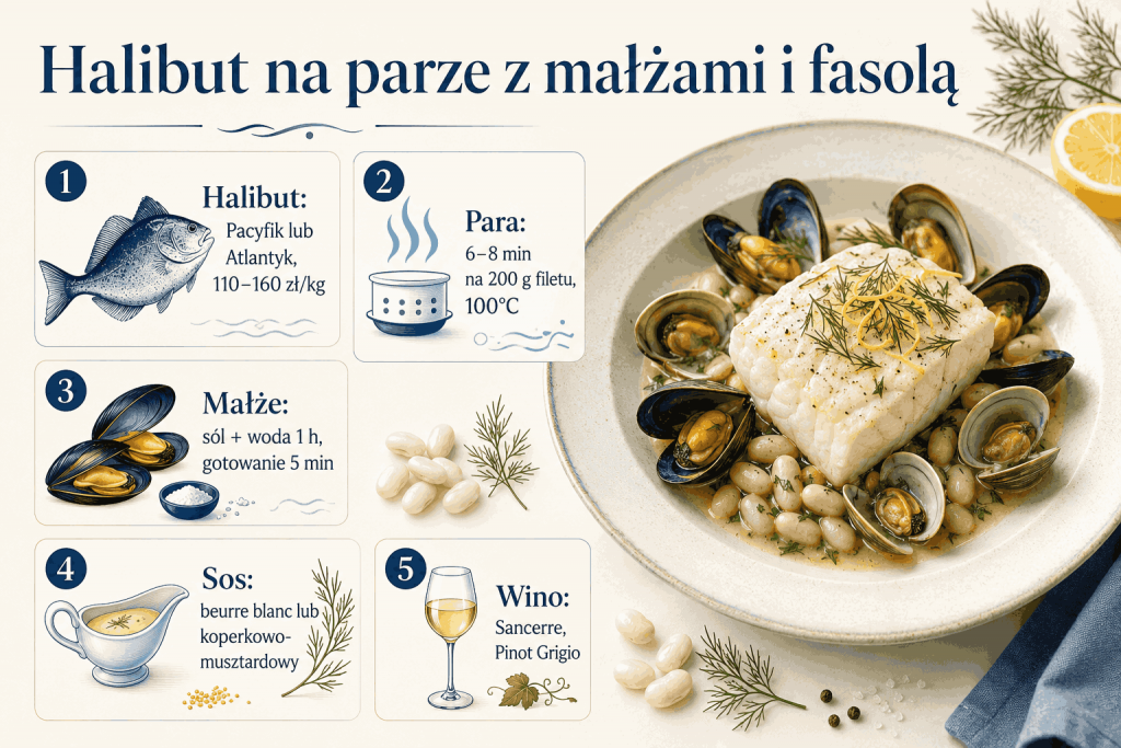 Halibut na parze z potrawką z małży i fasoli