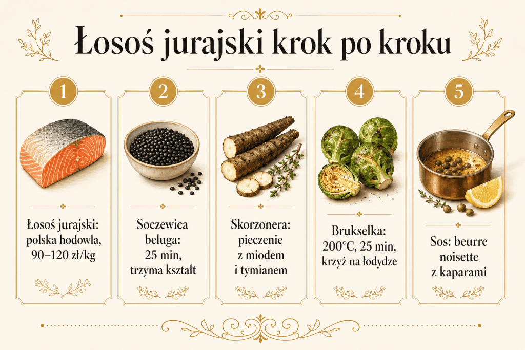 Łosoś jurajski z belugą, brukselką i skorzonerą