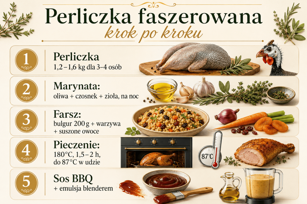 Perliczka faszerowana kaszą bulgur z sosem BBQ