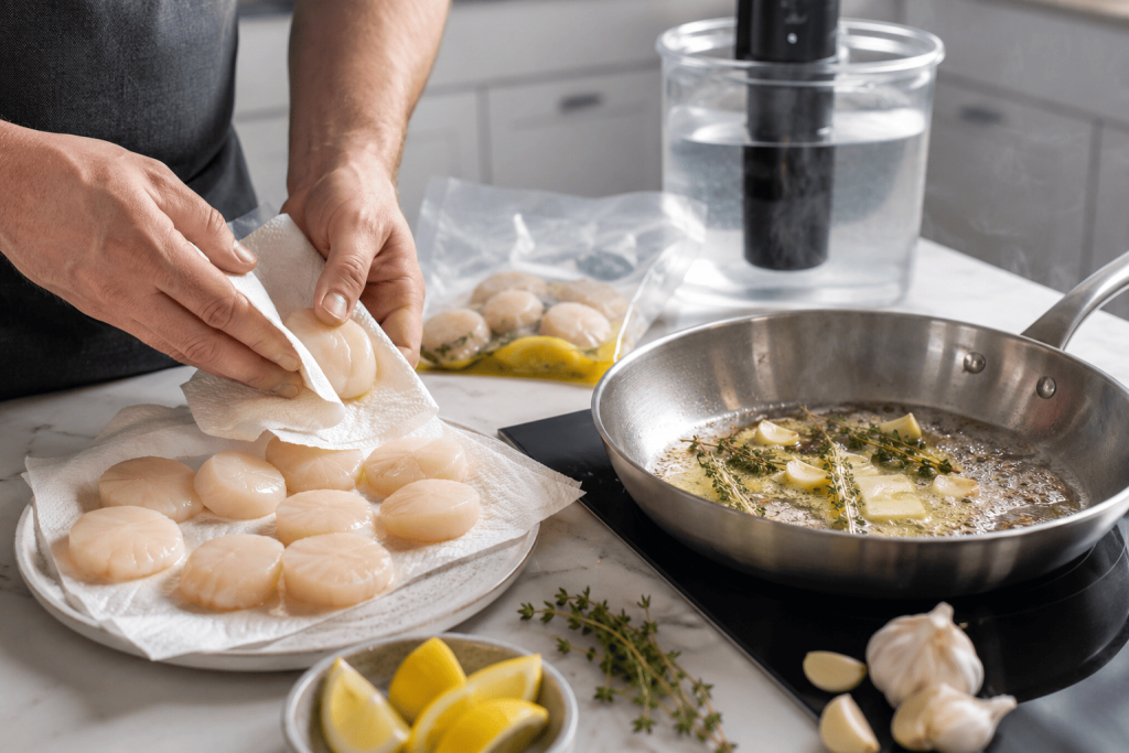 Przegrzebki świętego Jakuba smażone i sous vide