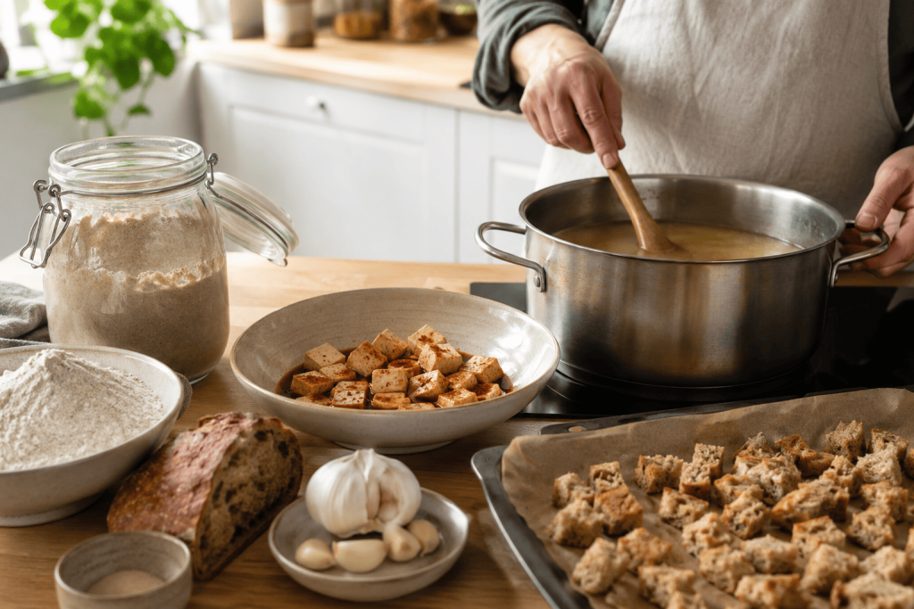 Wegański żurek z tofu, zakwasem i grzankami