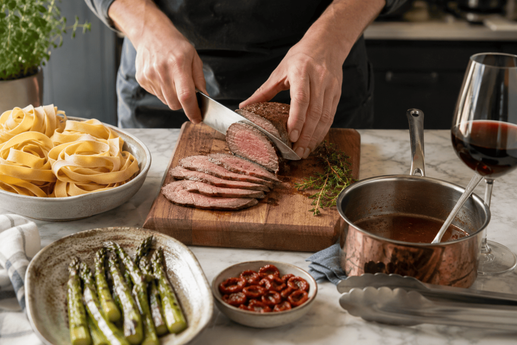 Pappardelle z wołowiną sous vide i szparagami