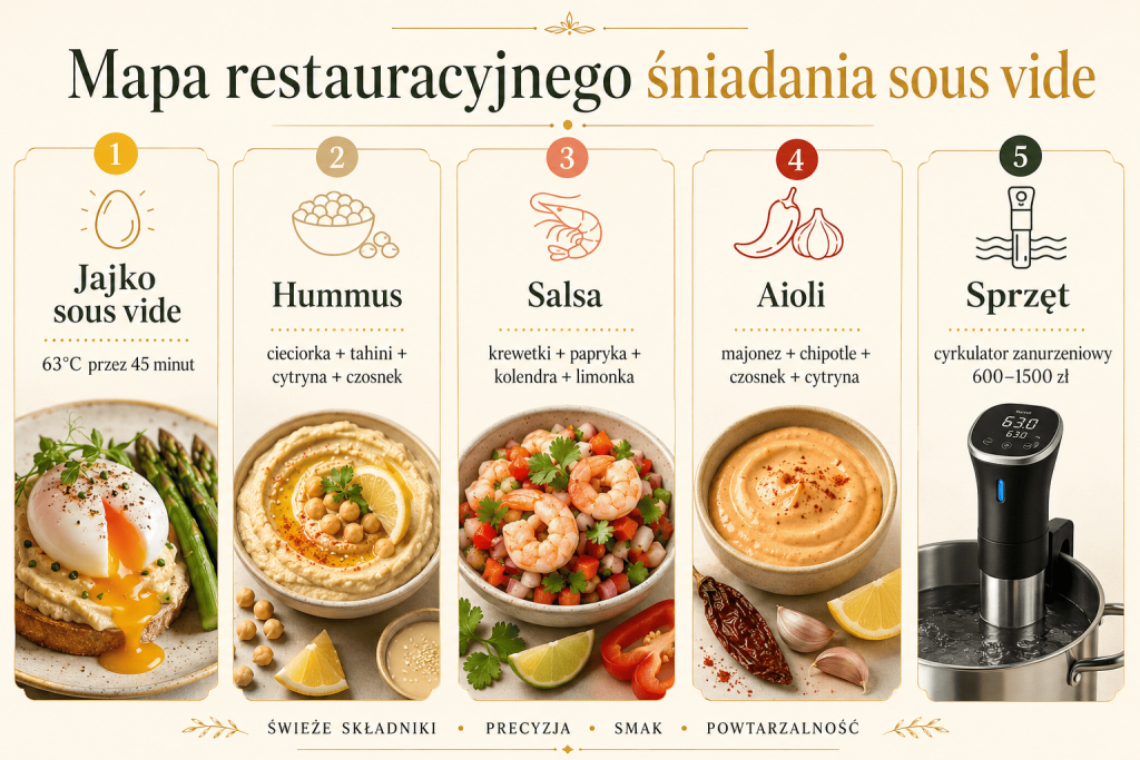 Jajko sous vide z hummusem, krewetkami i aioli