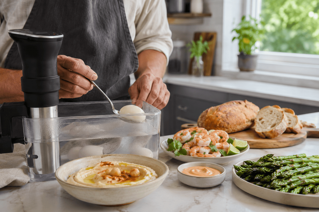 Jajko sous vide z hummusem, krewetkami i aioli