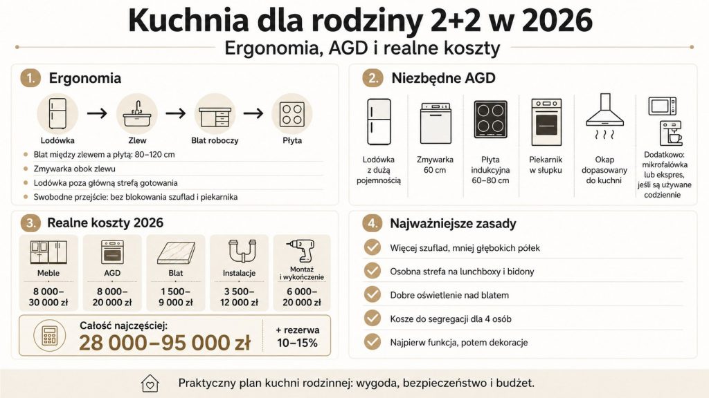 Jak urządzić kuchnię dla rodziny 2+2: ergonomia, AGD i realne koszty w 2026