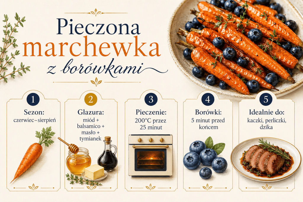 Pieczona marchewka z miodem, balsamico i borówkami
