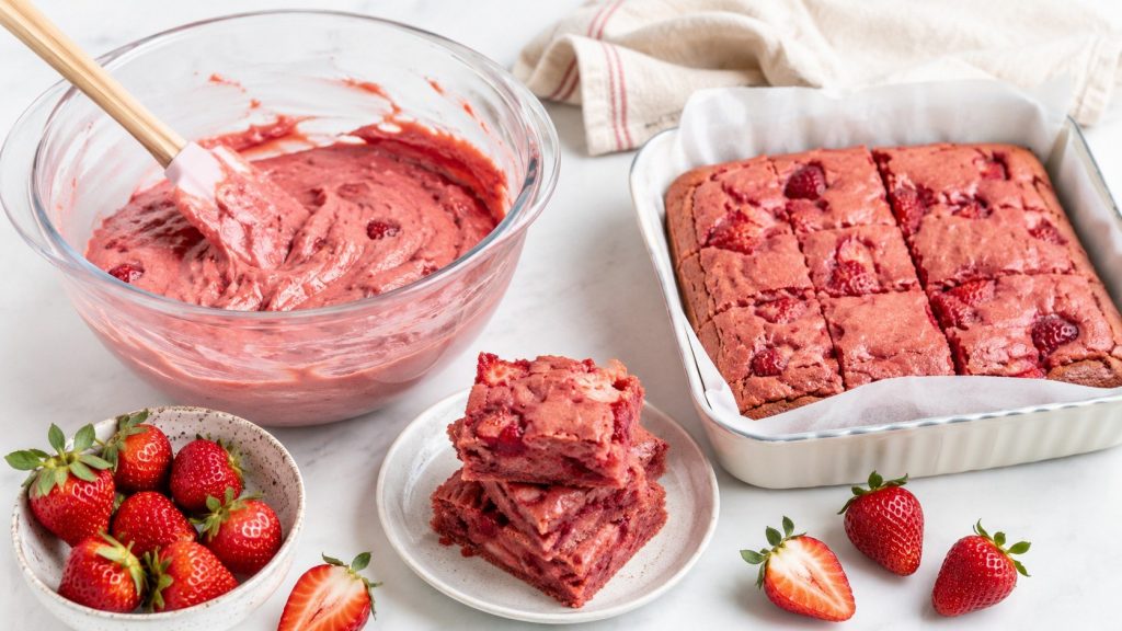 Strawberry brownies z jednej miski — wiralowe różowe ciasto z truskawkami