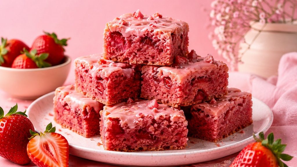 Strawberry brownies z jednej miski — wiralowe różowe ciasto z truskawkami