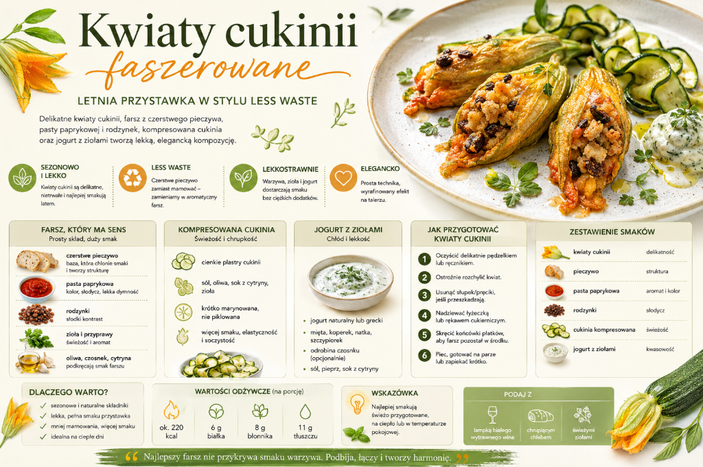 Kwiaty cukinii faszerowane pieczywem i papryką