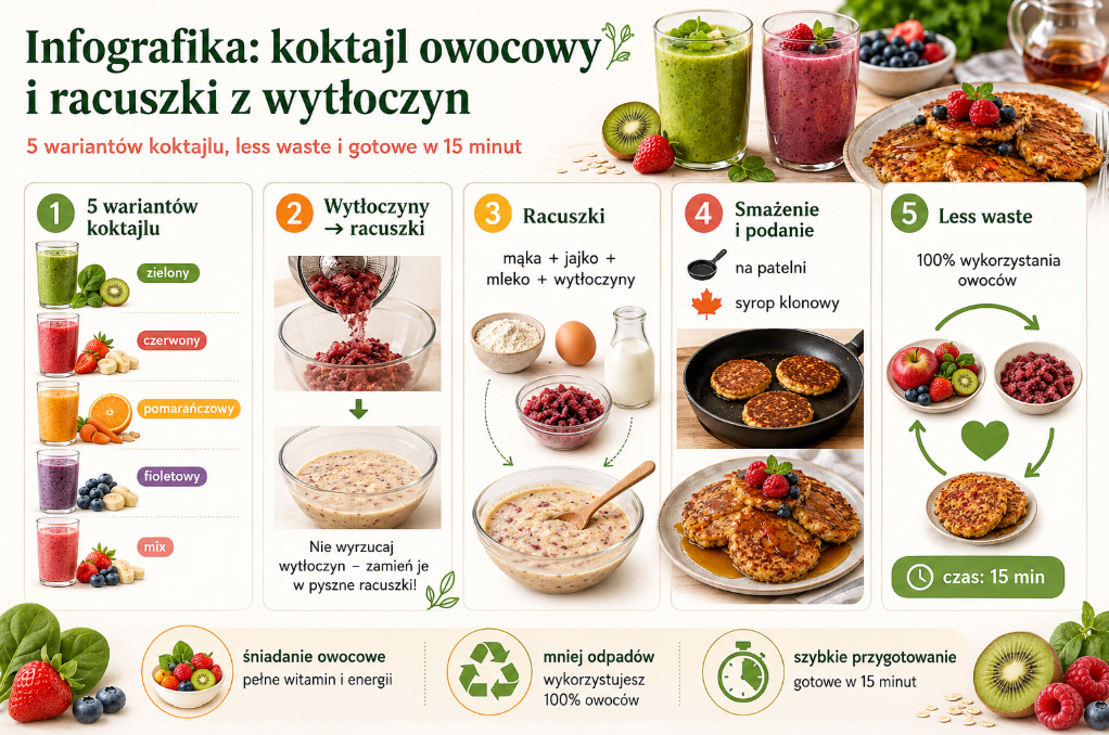 Koktajl owocowy i racuszki z wytłoczyn