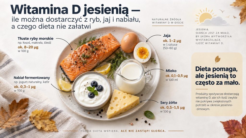 Witamina D jesienią — ile można dostarczyć z ryb, jaj i nabiału, a czego dieta nie załatwi
