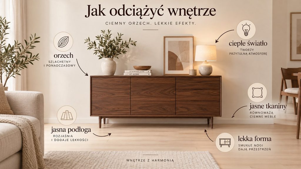 Ciemne drewno wraca do wnętrz — jak połączyć orzech z jasną podłogą, żeby mieszkanie nie zrobiło się ciężkie