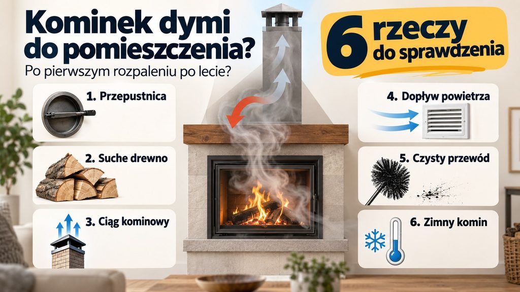 Kominek po lecie dymi do pokoju przy pierwszym rozpaleniu — 6 rzeczy do sprawdzenia przed kolejną próbą