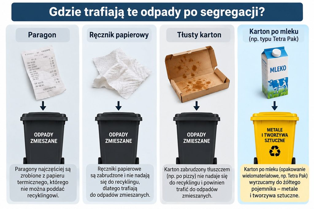 Gdzie wyrzucić paragon, ręcznik papierowy, tłusty karton i karton po mleku