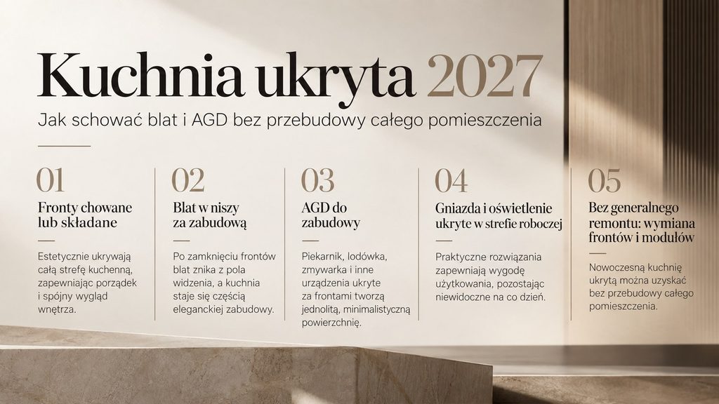 Kuchnia ukryta 2027 — jak schować blat i AGD za frontami bez przebudowy całego pomieszczenia