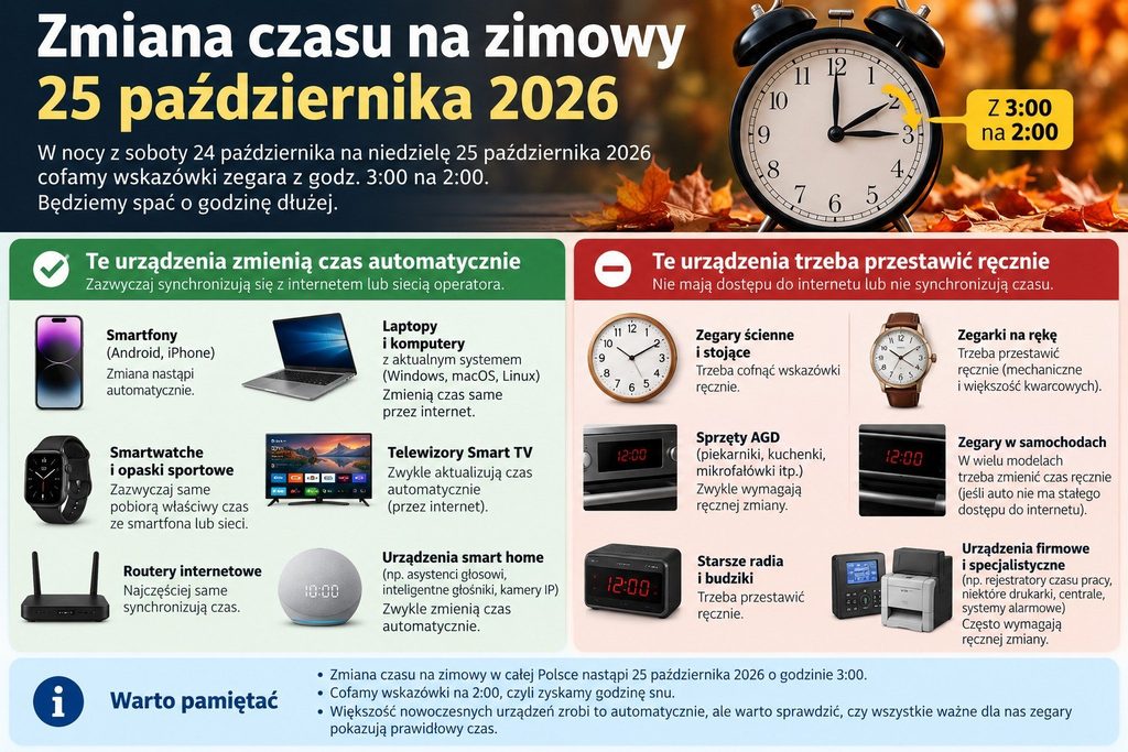 Zmiana czasu na zimowy 25 października 2026. Te urządzenia przestawią się same, te trzeba ustawić ręcznie
