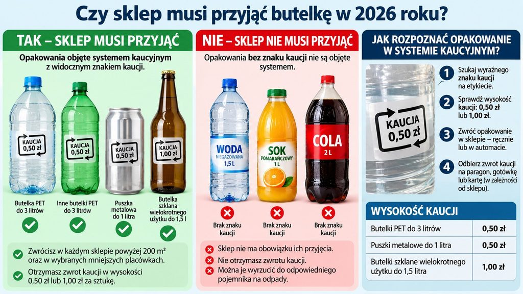 Butelka bez znaku kaucji kupiona w 2026 roku — czy sklep musi ją przyjąć