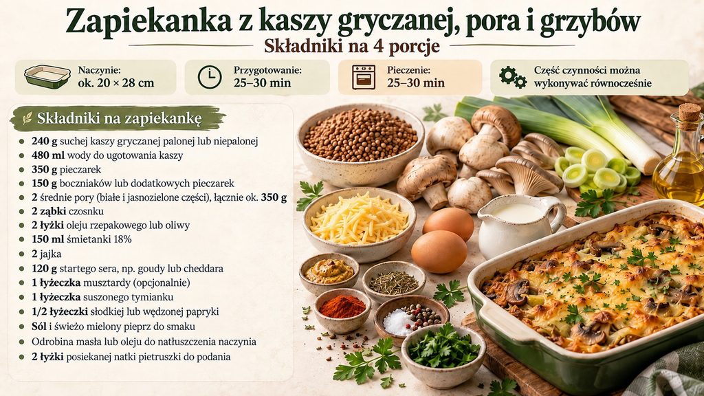 Zapiekanka z kaszy gryczanej, pora i grzybów – obiad, który dobrze smakuje także następnego dnia