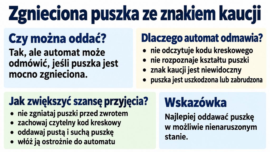 Zgnieciona puszka ze znakiem kaucji — czy można ją oddać i dlaczego automat odmawia