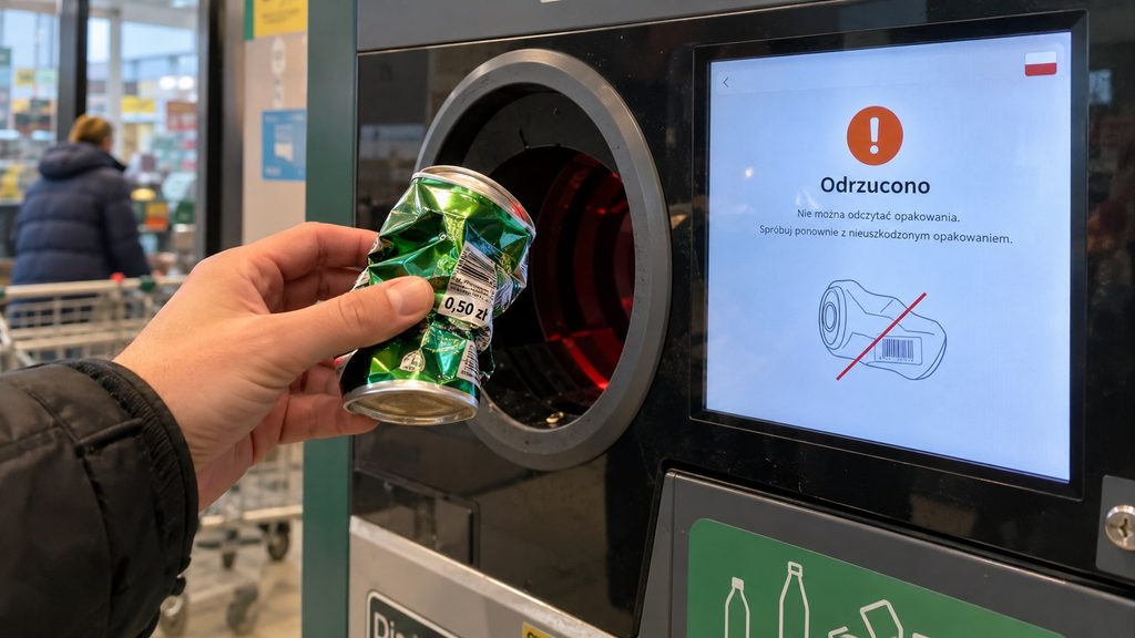 Zgnieciona puszka ze znakiem kaucji — czy można ją oddać i dlaczego automat odmawia